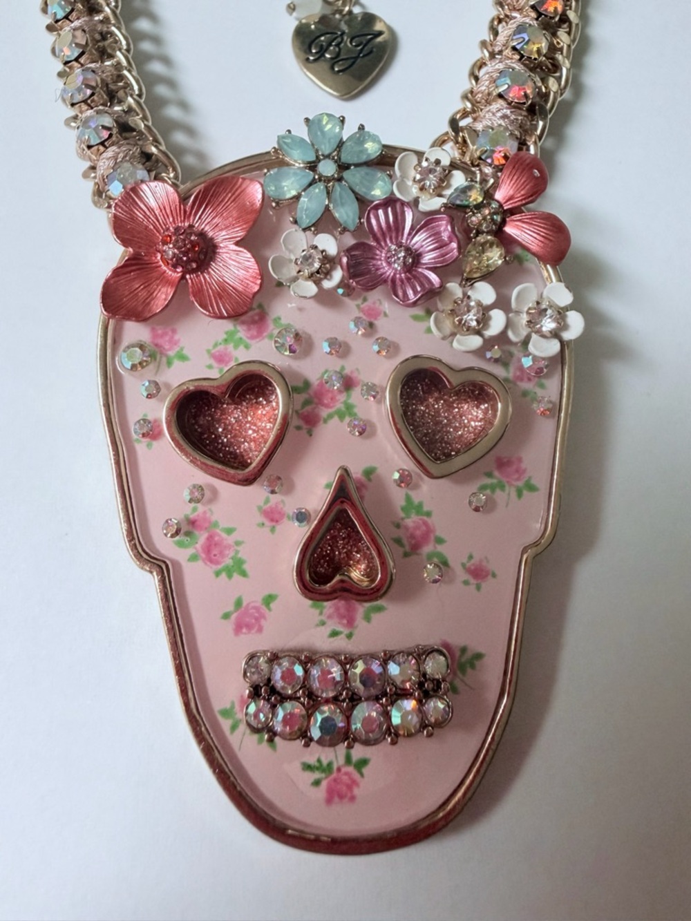 Betsey Johnson Gold-Tone Pink Floral Skull Pendant Necklace - Picture 3 of 3